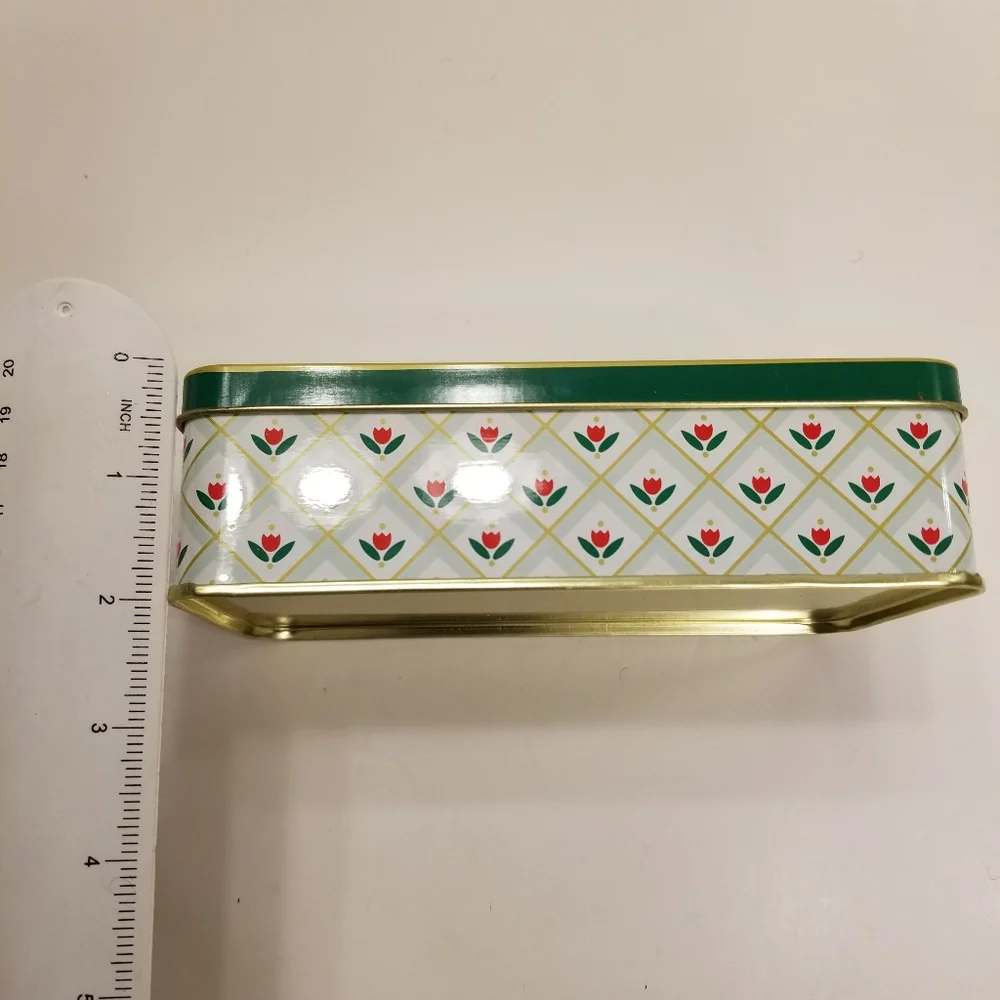 Charming Decorative Red/Green Tulip Floral Pattern Tin Box Easter, Christmas!